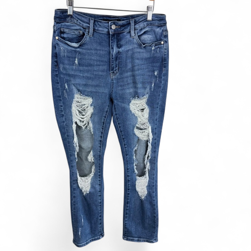 Judy Blue Women High Rise Distressed Destroyed Straight Fit Jeans Med Wash 13 31